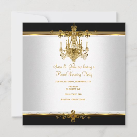 引っ越し祝いパーティーパーティーシャンデリアリッチ金ゴールドブラック 招待状 (裏面)
