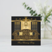 引っ越し祝いパーティーパーティーシャンデリア華美金ゴールドブラック 招待状 (スタンド正面)