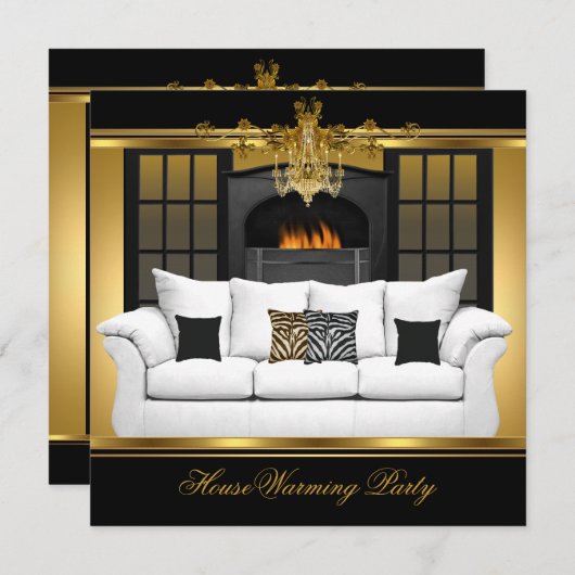引っ越し祝いパーティーパーティーシャンデリア金ゴールドブラック 招待状 (正面/裏面)