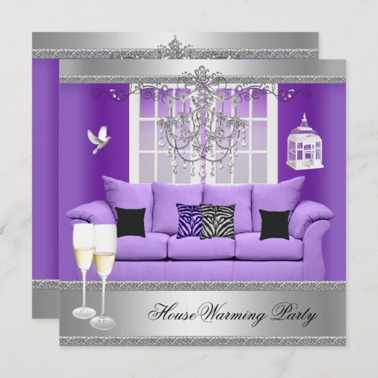 引っ越し祝いパーティーパーティーシャンパンシャンデリアソファ 招待状 (正面/裏面)