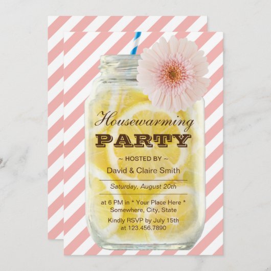 引っ越し祝いパーティーパーティースウィートストライプサマーレモネード 招待状 (正面/裏面)