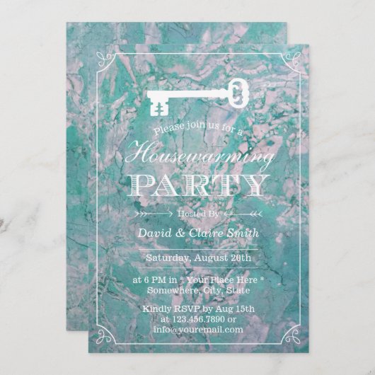 引っ越し祝いパーティーパーティースケルトン鍵ティール(緑がかった色)大理石 招待状 (正面/裏面)