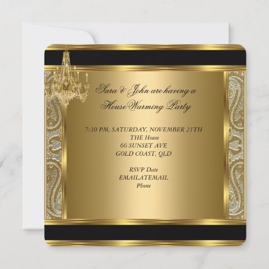 引っ越し祝いパーティーパーティーダマスクシャンデリア金ゴールド椅子 招待状 (裏面)