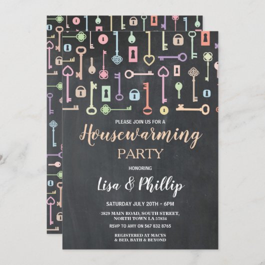 引っ越し祝いパーティーパーティーチョー素朴ク鍵ロックデジタル 招待状 (正面/裏面)