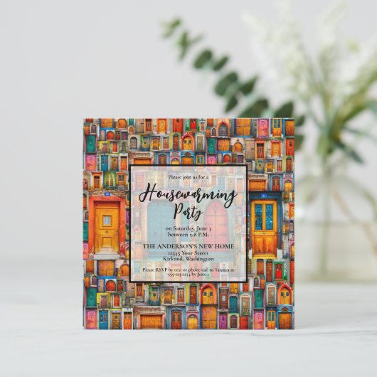 引っ越し祝いパーティーパーティードアーズコラージオレンジブルー 招待状 (スタンド正面)