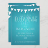 引っ越し祝いパーティーパーティーハートバンティングターコイズ 招待状 (正面/裏面)