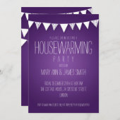 引っ越し祝いパーティーパーティーハートバンティンパープル 招待状 (正面/裏面)