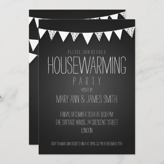 引っ越し祝いパーティーパーティーハートバンティンブラック 招待状 (正面/裏面)