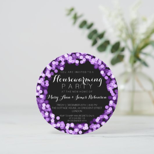 引っ越し祝いパーティーパーティーパープルスパークリーライト 招待状 (スタンド正面)