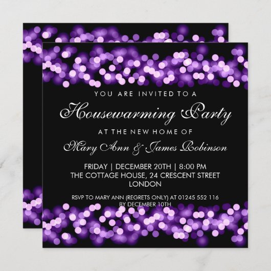 引っ越し祝いパーティーパーティーパープルハリウッドグラム 招待状 (正面/裏面)