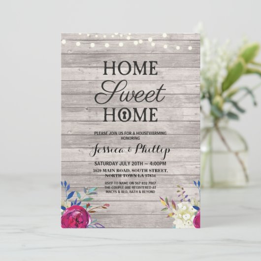 引っ越し祝いパーティーパーティーピンクフラワーズニューホームグレーウッド 招待状 (スタンド正面)