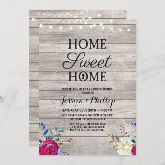 引っ越し祝いパーティーパーティーピンクフラワーズニューホームグレーウッド 招待状 (正面/裏面)