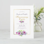 引っ越し祝いパーティーパーティーピンクフローラ縁ど金ゴールド 招待状 (スタンド正面)