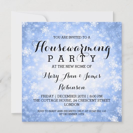 引っ越し祝いパーティーパーティーブルーウィンターワンダーランド 招待状 (正面)