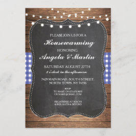 引っ越し祝いパーティーパーティーブルーチェックウッドBBQ招待状 招待状