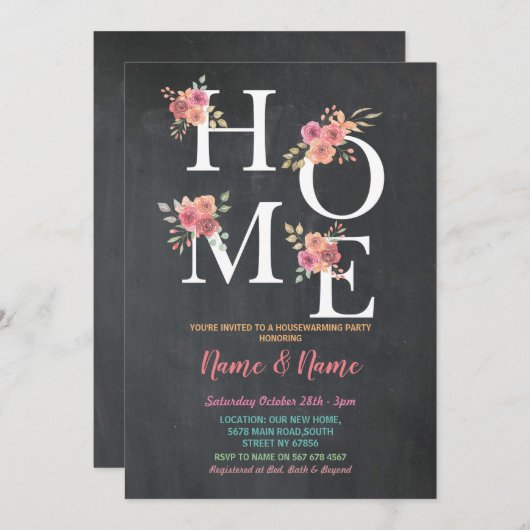 引っ越し祝いパーティーパーティーホームフローラピンクチョークムービング 招待状 (正面/裏面)