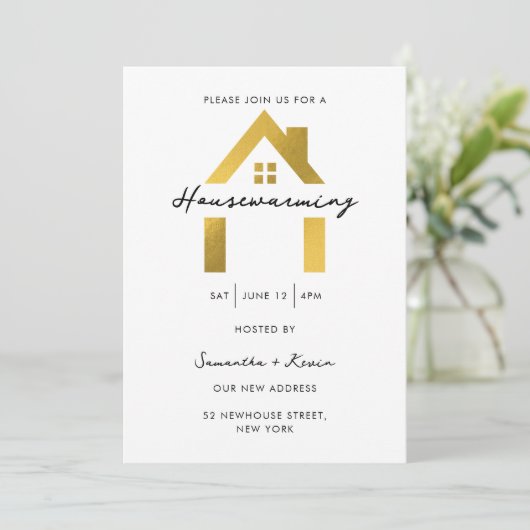 引っ越し祝いパーティーパーティーモダンミニマリストホーム金ゴールド 招待状 (スタンド正面)