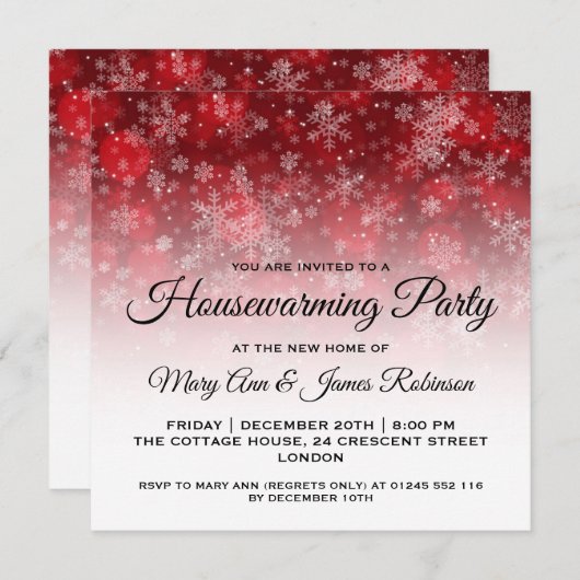 引っ越し祝いパーティーパーティーレッドホリデースパークル 招待状 (正面/裏面)