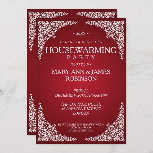 引っ越し祝いパーティーパーティーヴィンテージが渦巻き赤 招待状 (正面/裏面)