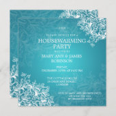 引っ越し祝いパーティーパーティーヴィンテージスクロールターコイズ 招待状 (正面/裏面)