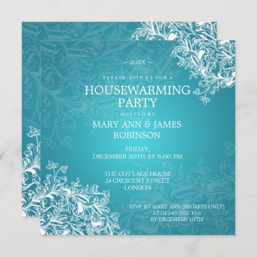 引っ越し祝いパーティーパーティーヴィンテージスクロールターコイズ 招待状 (正面/裏面)