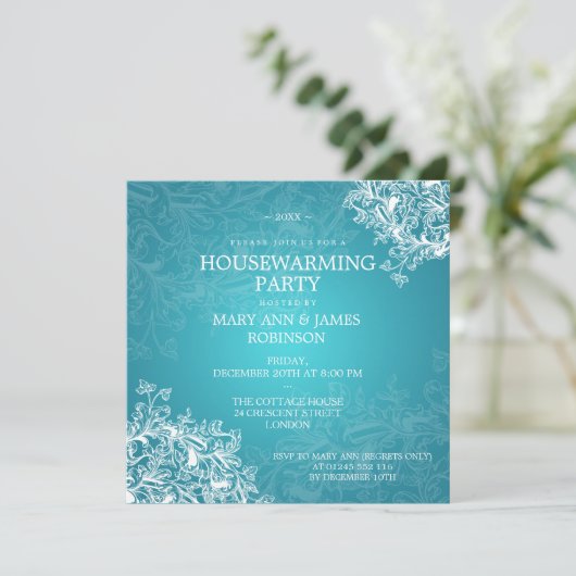 引っ越し祝いパーティーパーティーヴィンテージスクロールターコイズ 招待状 (スタンド正面)