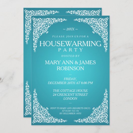引っ越し祝いパーティーパーティーヴィンテージ旋回ターコイズ 招待状 (正面/裏面)