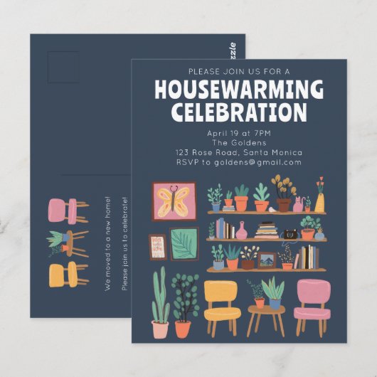 引っ越し祝いパーティーパーティー招待状かわいいリビングルームの棚 ポストカード (正面/裏面)