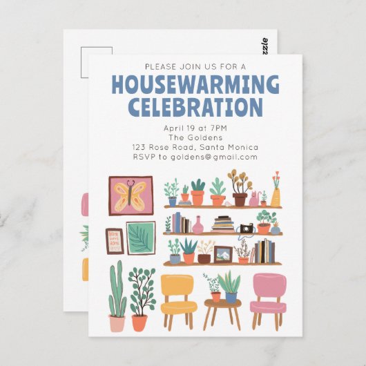 引っ越し祝いパーティーパーティー招待状かわいいリビングルームの棚 ポストカード (正面/裏面)