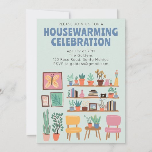 引っ越し祝いパーティーパーティー招待状かわいいリビングルームの棚 招待状 (正面)