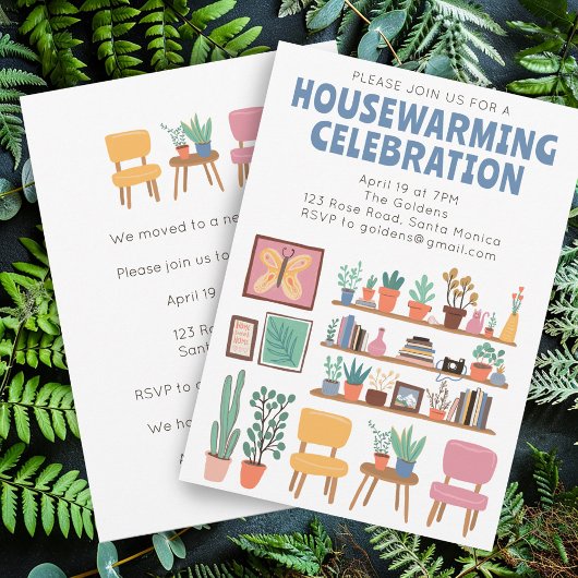 引っ越し祝いパーティーパーティー招待状かわいいリビングルームの棚 招待状