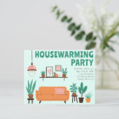 引っ越し祝いパーティーパーティー招待状キュートリビングルームソファ ポストカード (スタンド正面)