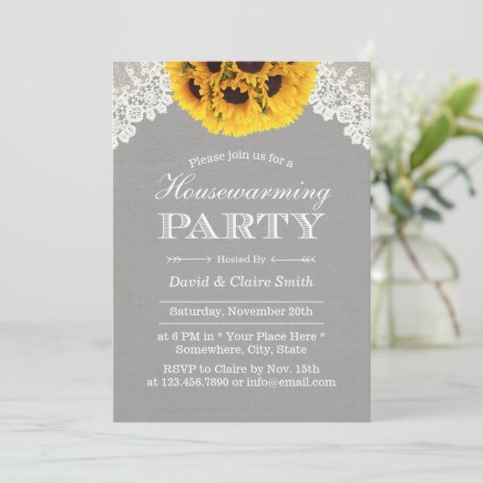 引っ越し祝いパーティーパーティー素朴ひまわりシルバーレース 招待状 (スタンド正面)