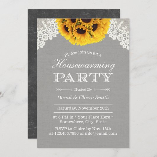 引っ越し祝いパーティーパーティー素朴ひまわりシルバーレース 招待状 (正面/裏面)