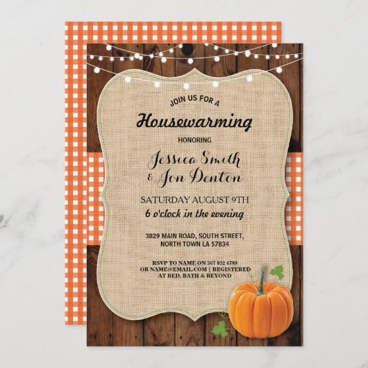 引っ越し祝いパーティーパーティー素朴ウッドパンプキンバーラップ 招待状 (正面/裏面)