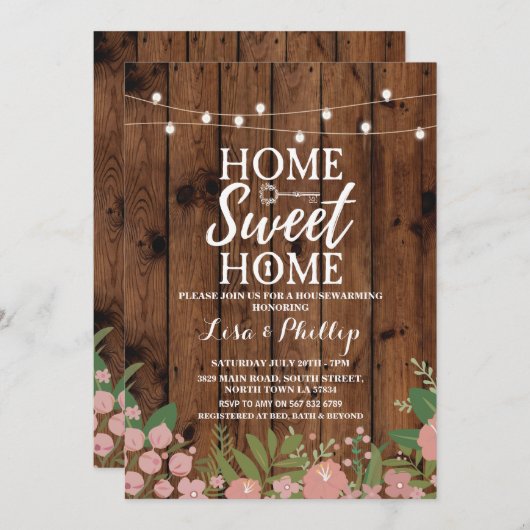 引っ越し祝いパーティーパーティー素朴フローラウッド鍵招待状 招待状 (正面/裏面)