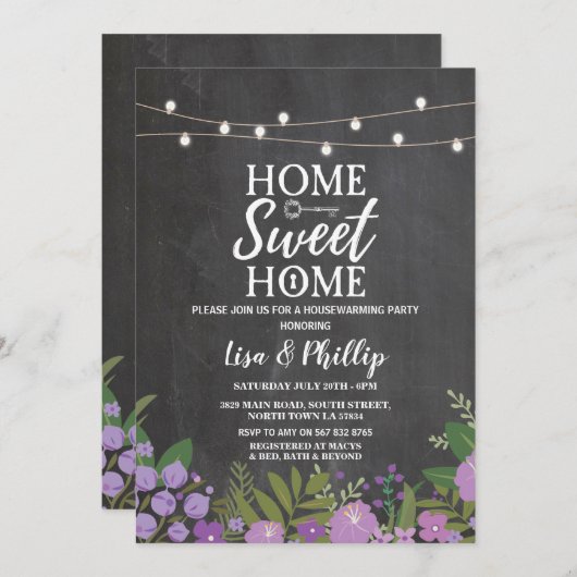 引っ越し祝いパーティーパーティー素朴フローラチョーク鍵招待状 招待状 (正面/裏面)