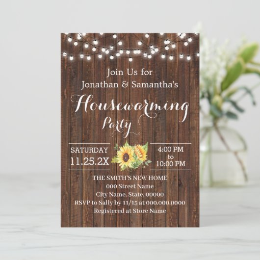 引っ越し祝いパーティーパーティー素朴木製ひまわり 招待状 (スタンド正面)
