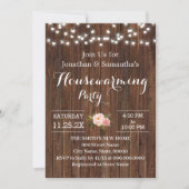 引っ越し祝いパーティーパーティー素朴木製ピンク色の花 招待状 (正面)