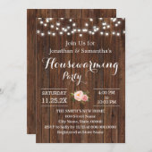 引っ越し祝いパーティーパーティー素朴木製ピンク色の花 招待状 (正面/裏面)