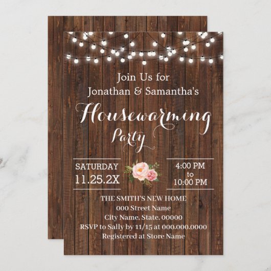 引っ越し祝いパーティーパーティー素朴木製ピンク色の花 招待状 (正面/裏面)