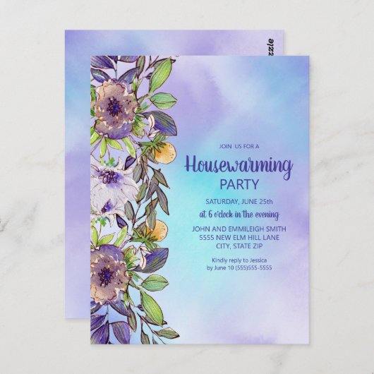 引っ越し祝いパーティーパーティー紫色の黄色い花 ポストカード (正面/裏面)