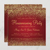 引っ越し祝いパーティーパーティー金ゴールドグリッターダストレッド 招待状 (正面/裏面)