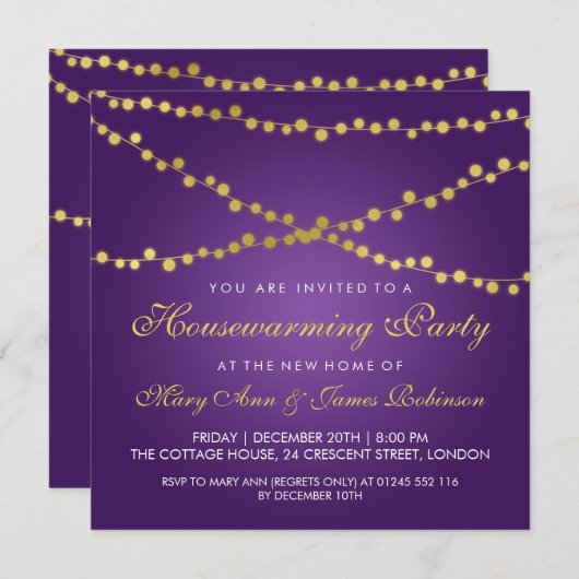 引っ越し祝いパーティーパーティー金ゴールド文字列ライト紫 招待状 (正面/裏面)
