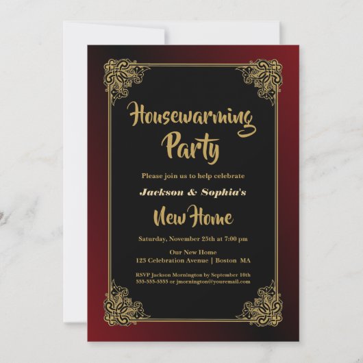 引っ越し祝いパーティーパーティー黒金ゴールド枠 招待状 (正面)