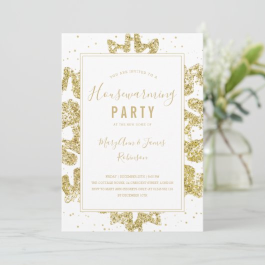 引っ越し祝いパーティーパーティー |冬のグリッター金ゴールド&ホワイト 招待状 (スタンド正面)