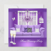 引っ越し祝いパーティーパープルシャンパンシャンデリアソファ 招待状 (正面)