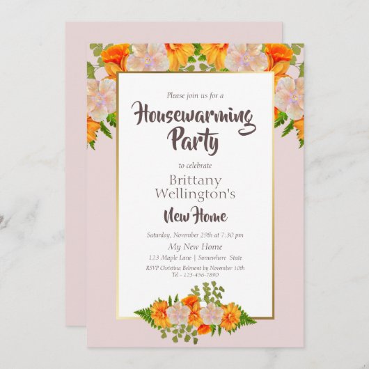 引っ越し祝いパーティーピンクとオレンジのパーティー 招待状 (正面/裏面)