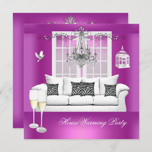 引っ越し祝いパーティーピンクパープルシャンパンシャンデリア 招待状 (正面/裏面)