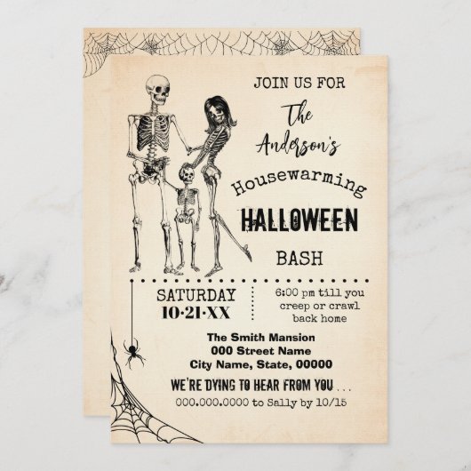 引っ越し祝いパーティーファミリハローウィンパーティスケルトン 招待状 (正面/裏面)